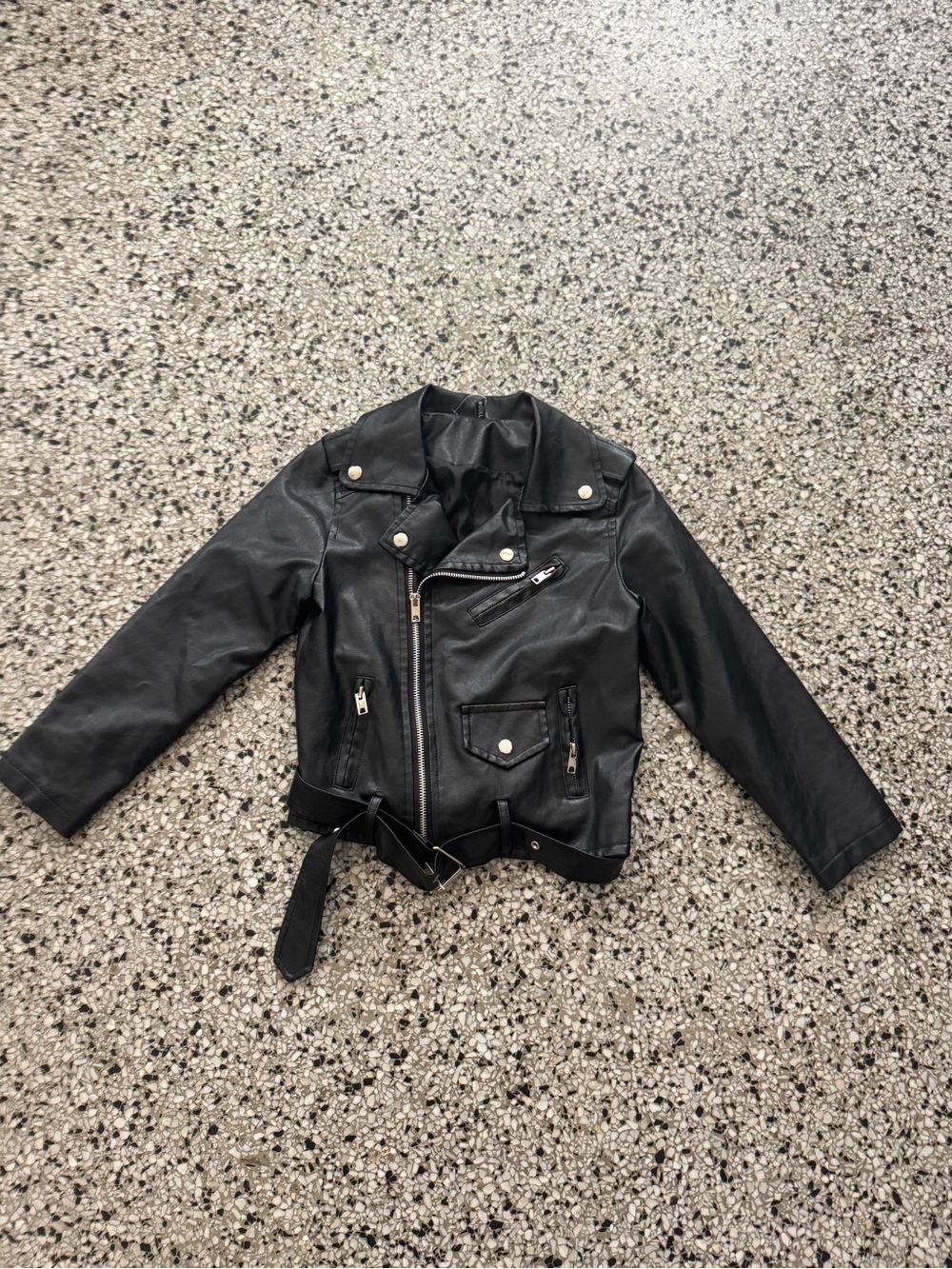 Kids Black Faux Leather Vangull Biker Jacket with Belt and pockets